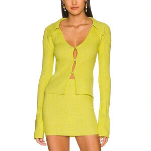 New NBD Co-ord SET Marina Knit Cardi Mini Skirt Marled Lime Ribbed XS Revolve